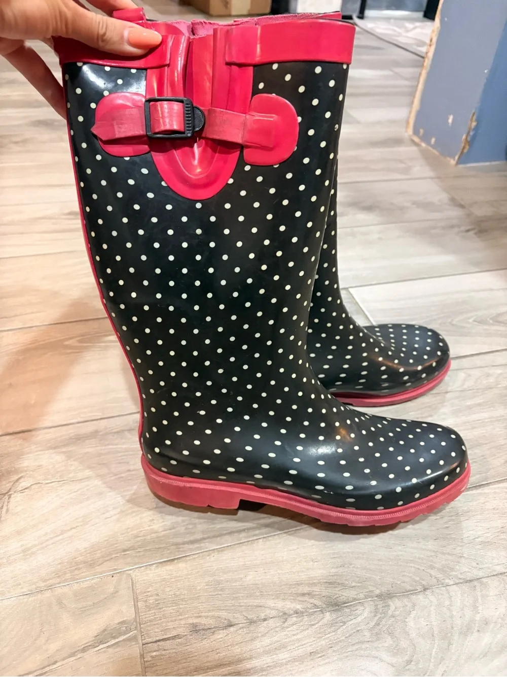 Women’s Black Polka Dot Waterproof Rain Boots with Pink Trim